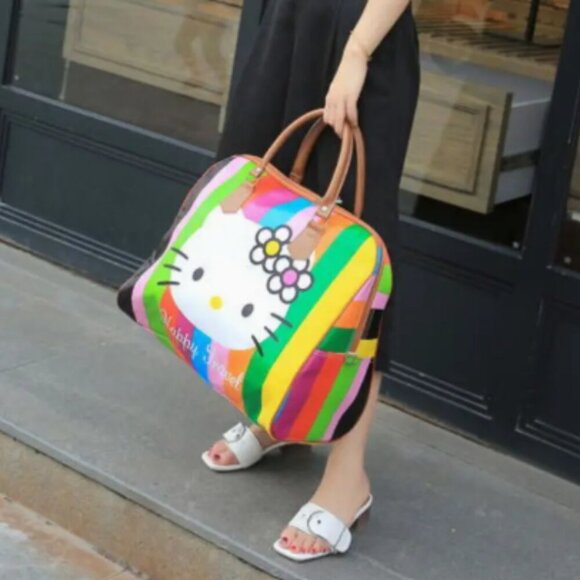 Hello Kitty Travel Duffle Bag Striped PU NWT - Picture 2 of 5